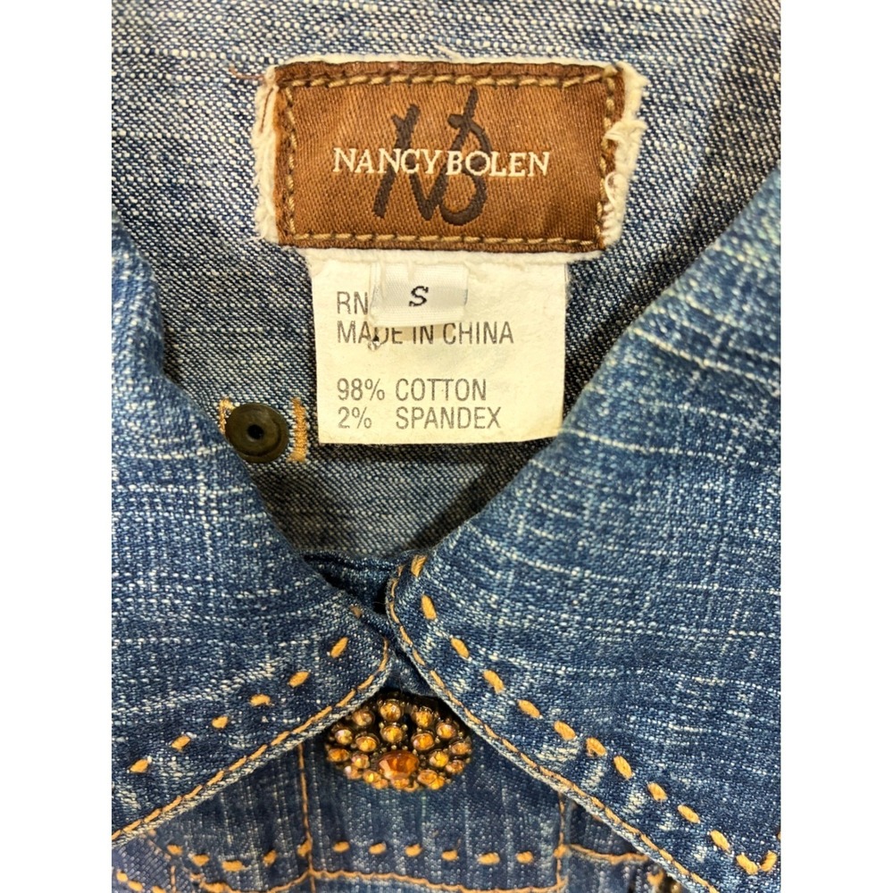 Nancy Bolen Denim Jacket Amber Bling Buttons Stretchy Cotton Blue Boho Western S - Picture 6 of 13